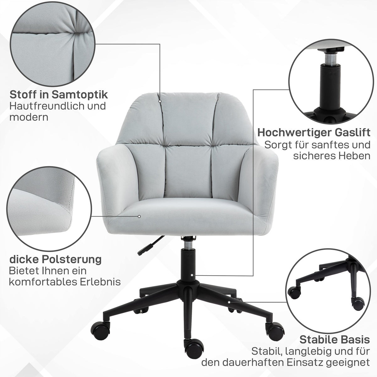 Swivel chair living room, height-adjustable modern office chair, desk chair with armrest, velvet look, up to 120kg, light gray