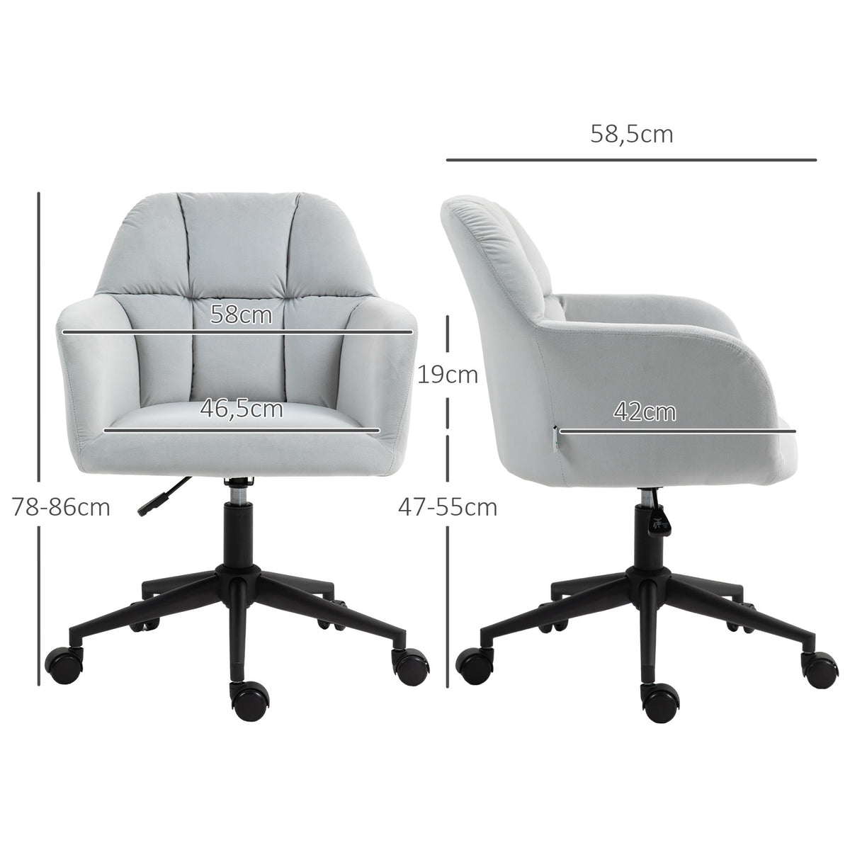 Swivel chair living room, height-adjustable modern office chair, desk chair with armrest, velvet look, up to 120kg, light gray