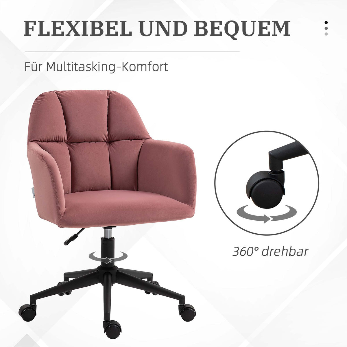 Swivel chair living room, modern office chair, height-adjustable desk chair with armrests, velvet look, up to 120kg, pink