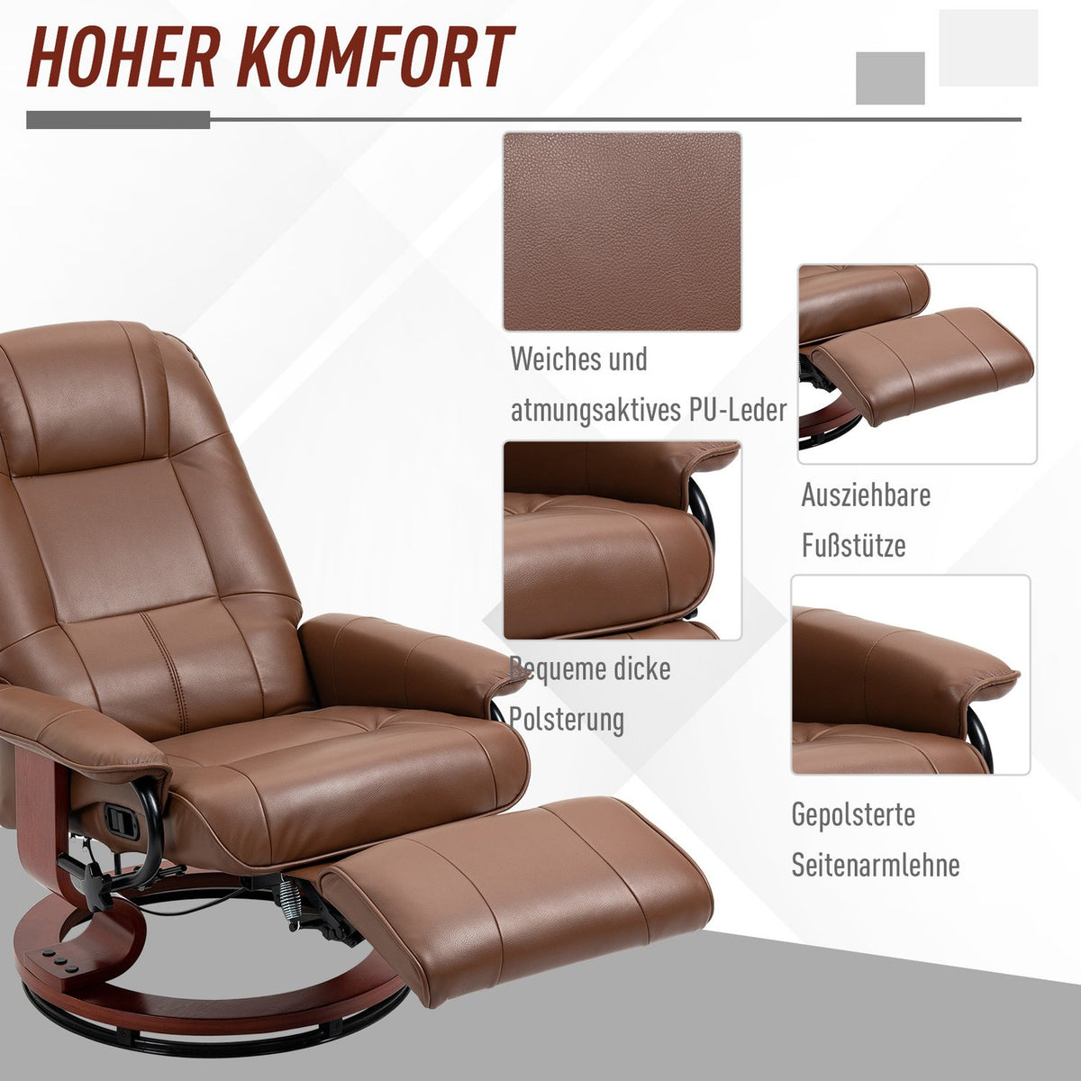 Swivel reclining chair, TV chair with reclining function, footrest, reclining chair with armrest, for living room, bedroom, faux leather