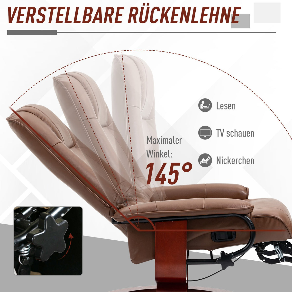 Swivel reclining chair, TV chair with reclining function, footrest, reclining chair with armrest, for living room, bedroom, faux leather
