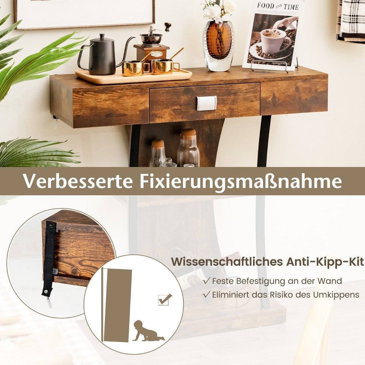 T-Shaped Console Table for Small Spaces 91 x 30 x 88 cm Rustic Brown