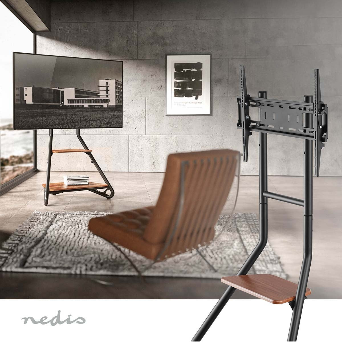 TV Floor Stand | 37 - 75 " | Maximum supported screen weight: 40 kg | Bauhaus Design | Adjustable pre-fixed heights | MDF / Steel | Black / Brown