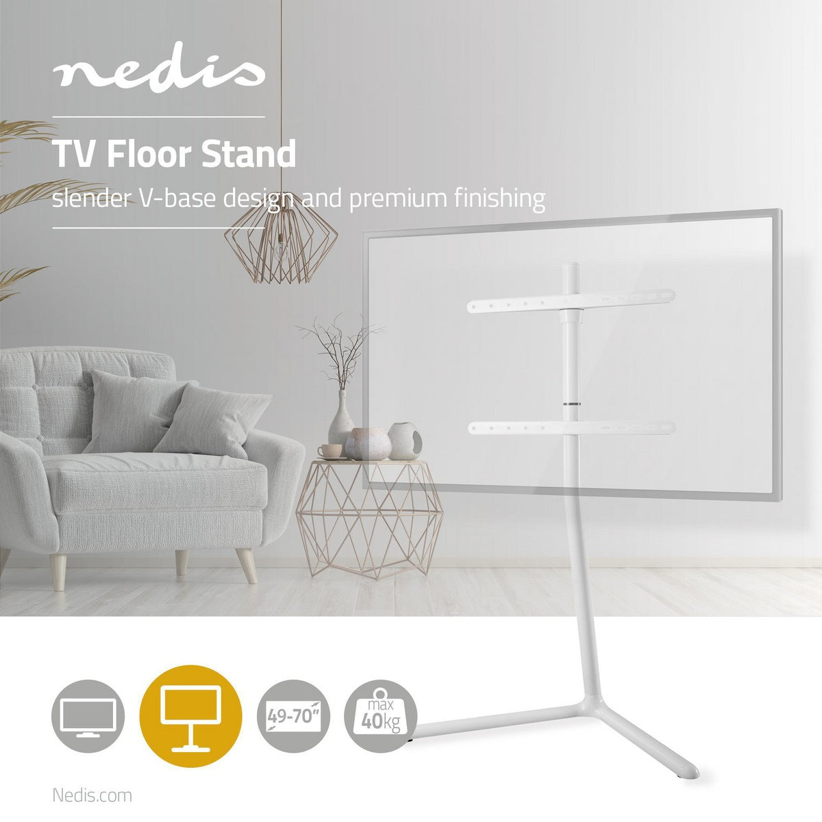 TV Floor Stand | 49 - 70 " | Maximum supported screen weight: 40 kg | V-shape Design | Anti-tip strap | Snap-lock | Aluminium / Steel | White