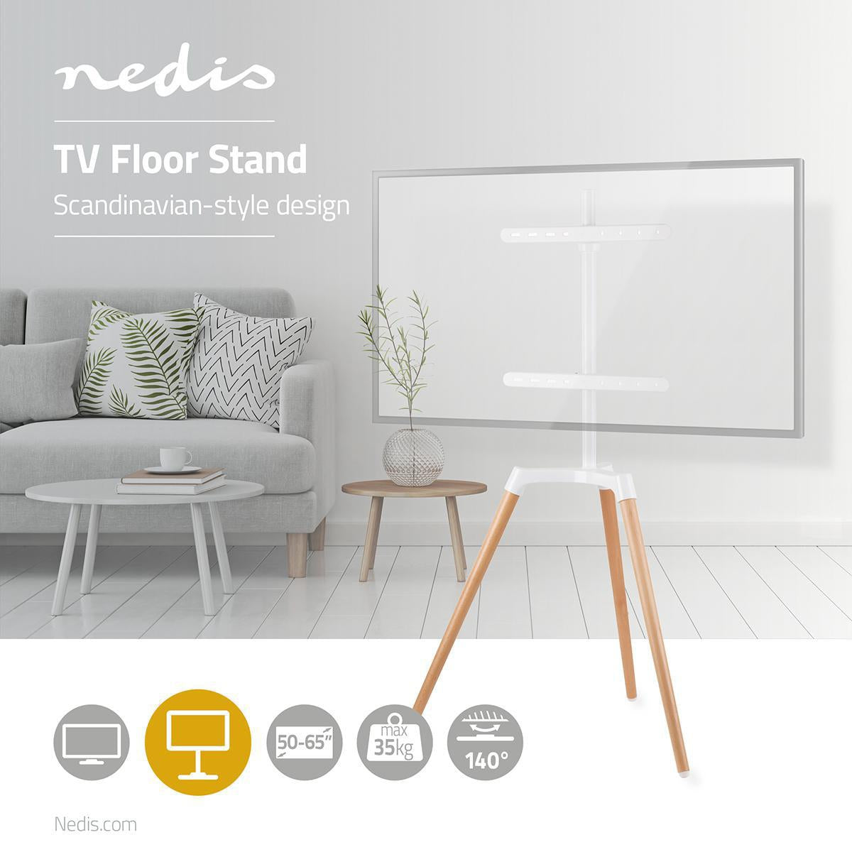 TV Floor Stand | 50 - 65 " | Maximum supported screen weight: 35 kg | Scandinavian Design | Rotatable | Anti-tip strap | Snap-lock | Aluminium / Steel | White