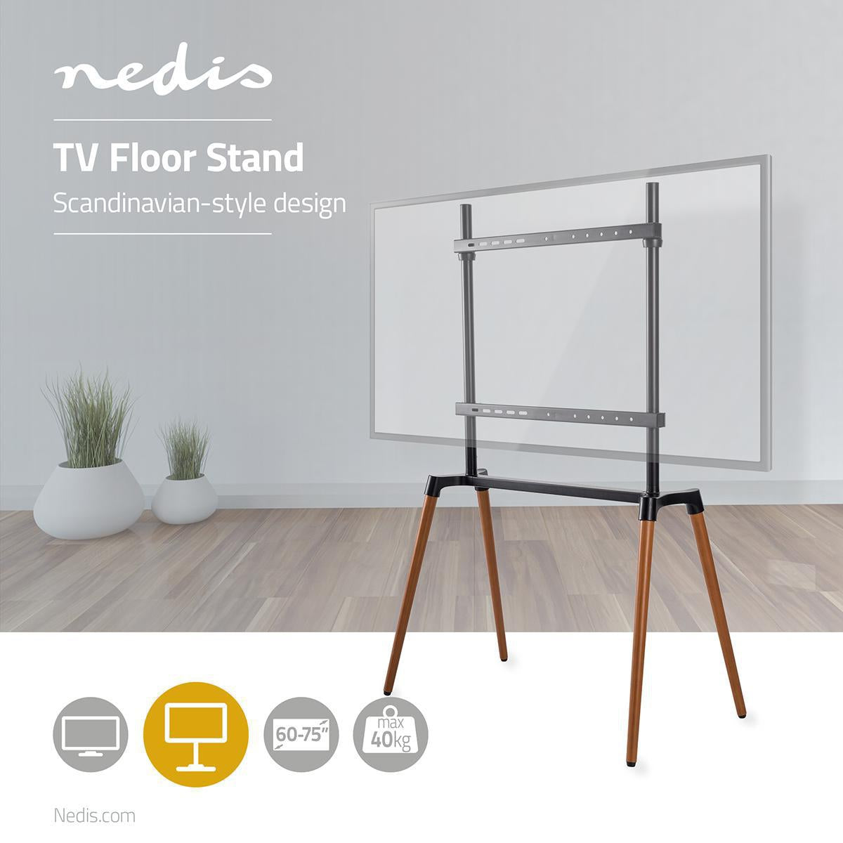 TV Floor Stand | 60 - 75 " | Maximum supported screen weight: 40 kg | Scandinavian Design | Anti-tip strap | Snap-lock | Aluminium / Steel | Black