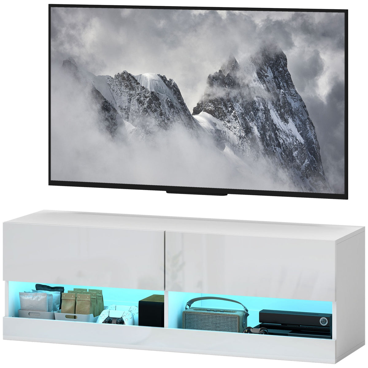 TV Hanging Cabinet with Colorful LED Lighting, 16 Flashing Modes, Wall Mounted TV Cabinet, Chest of Drawers, Open Shelves, 120 x 35 x 40.5 cm, High Gloss White