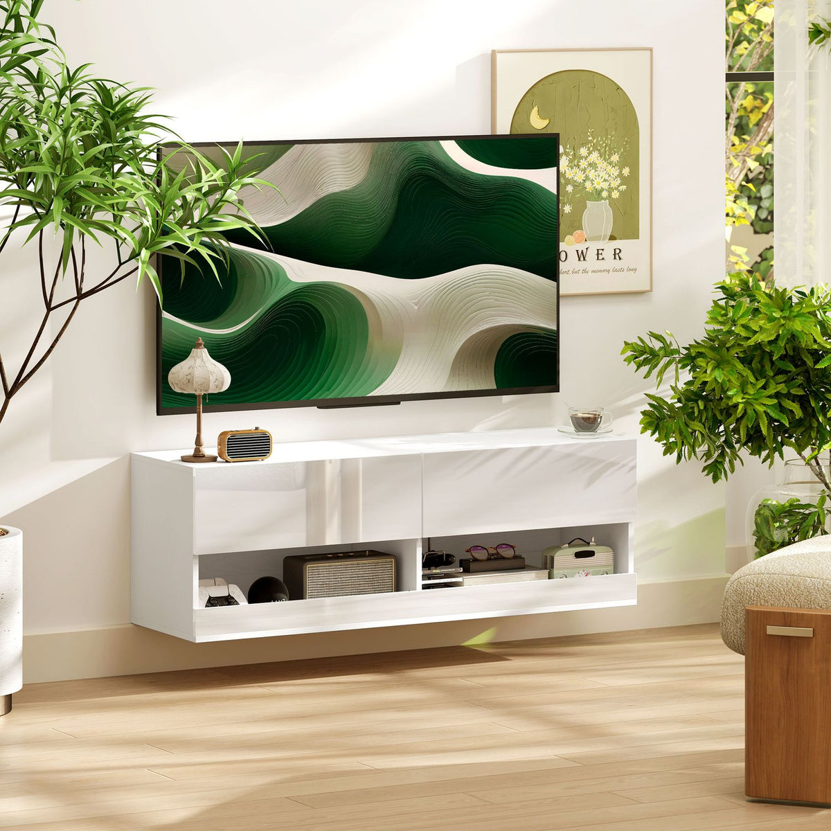 TV Hanging Cabinet with Colorful LED Lighting, 16 Flashing Modes, Wall Mounted TV Cabinet, Chest of Drawers, Open Shelves, 120 x 35 x 40.5 cm, High Gloss White