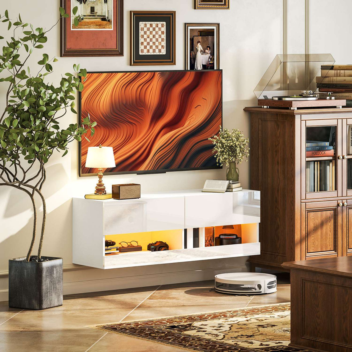 TV Hanging Cabinet with Colorful LED Lighting, 16 Flashing Modes, Wall Mounted TV Cabinet, Chest of Drawers, Open Shelves, 120 x 35 x 40.5 cm, High Gloss White