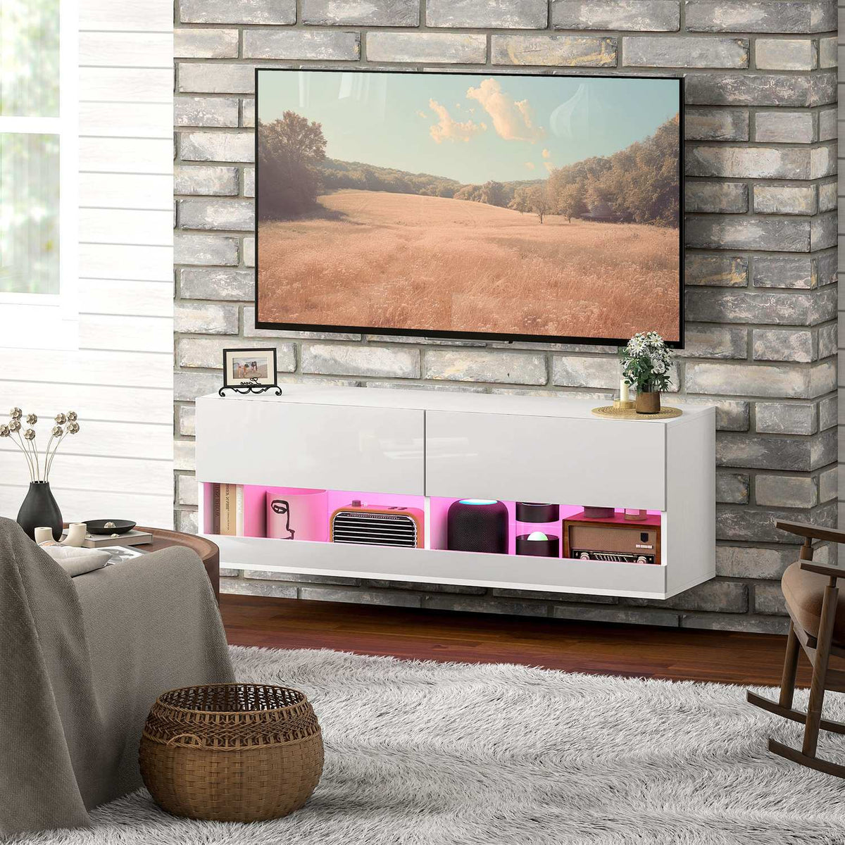 TV Hanging Cabinet with Colorful LED Lighting, 16 Flashing Modes, Wall Mounted TV Cabinet, Chest of Drawers, Open Shelves, 120 x 35 x 40.5 cm, High Gloss White