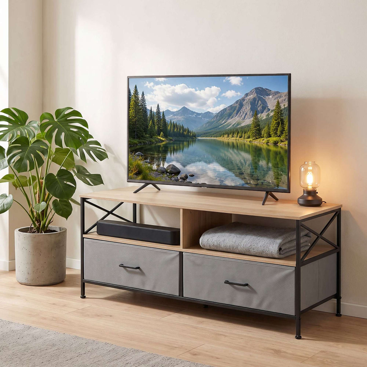 TV Lowboard with Storage, Greige-Black, 120 cm