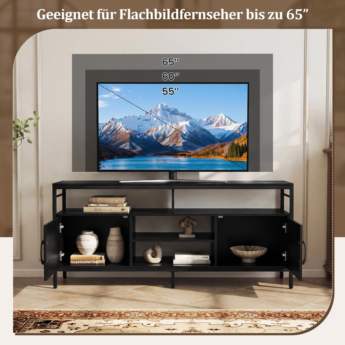 TV Stand for 65" TVs with 2 Cabinets & 4 Shelves, Black
