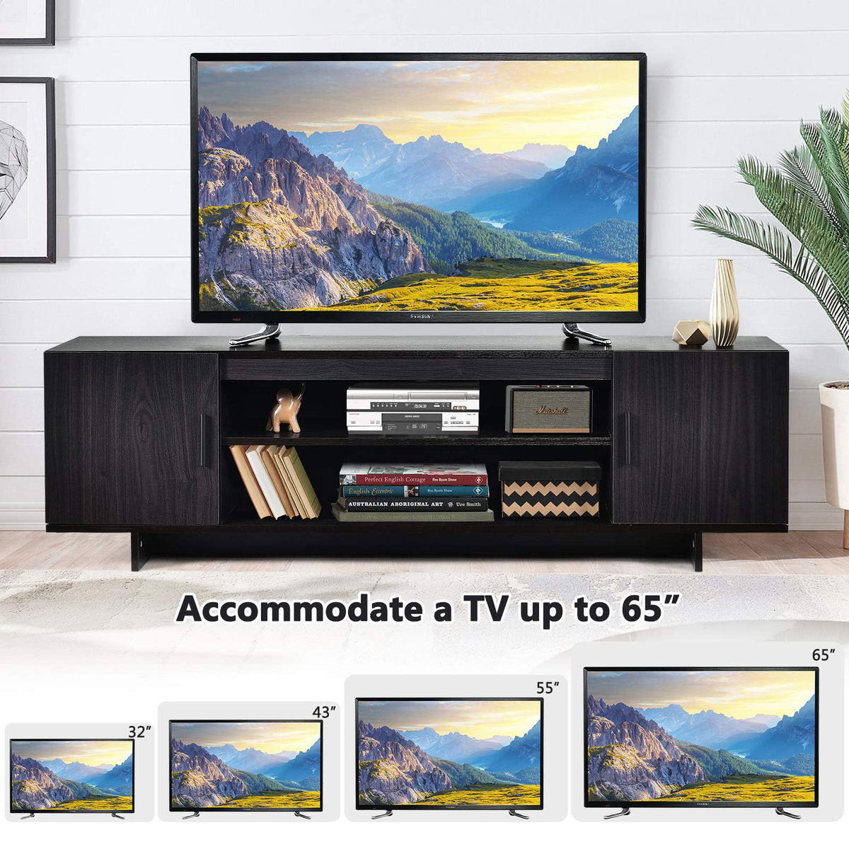 TV Stand for Up to 65 Inch TVs, 2 Cabinets, Shelves