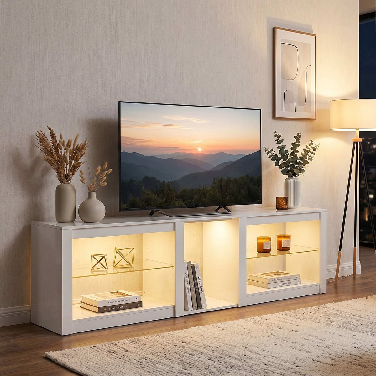 TV Stand with RGB LED Lights, High-Gloss White, 160 cm