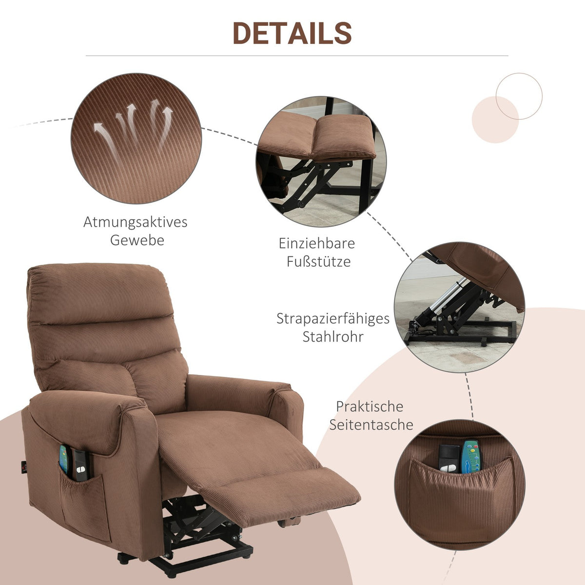 TV armchair, electric stand-up chair with massage function, remote control, heating, reclining function, polyester, light brown, 79x97x103cm