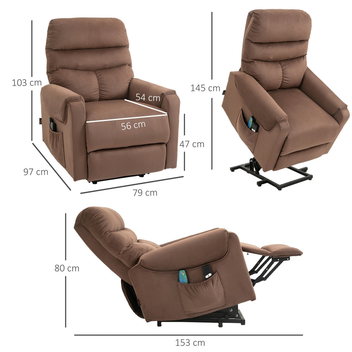 TV armchair, electric stand-up chair with massage function, remote control, heating, reclining function, polyester, light brown, 79x97x103cm