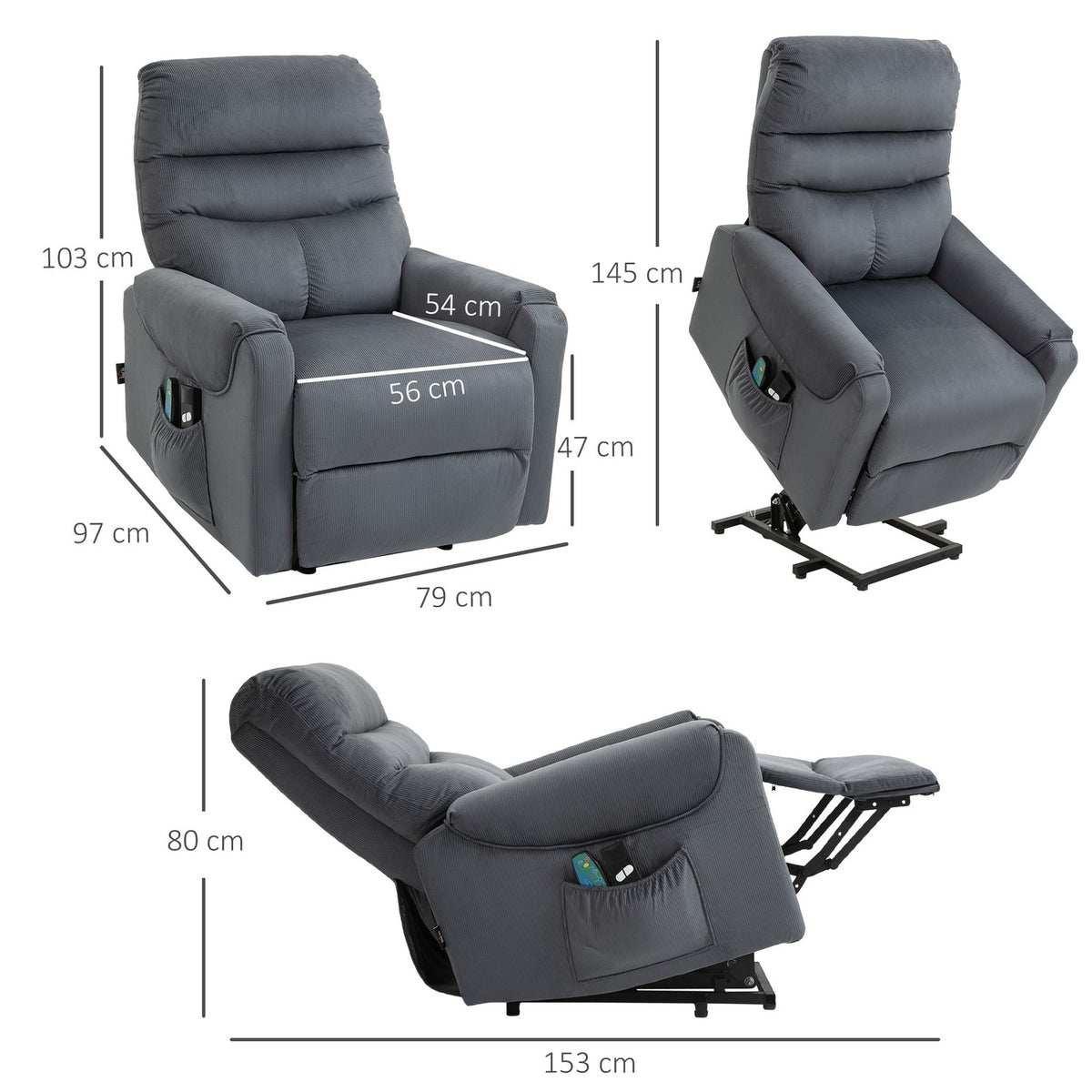 TV armchair with massage function and stand-up aid, electrically adjustable with heating and reclining function, dark gray, 79 x 97 x 103 cm
