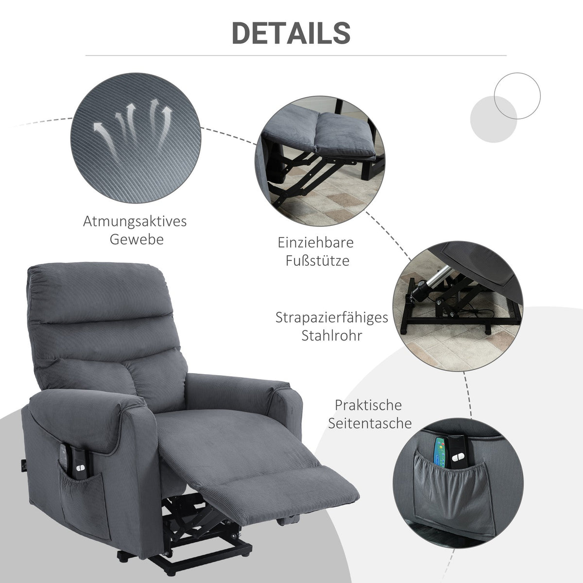 TV armchair with massage function and stand-up aid, electrically adjustable with heating and reclining function, dark gray, 79 x 97 x 103 cm
