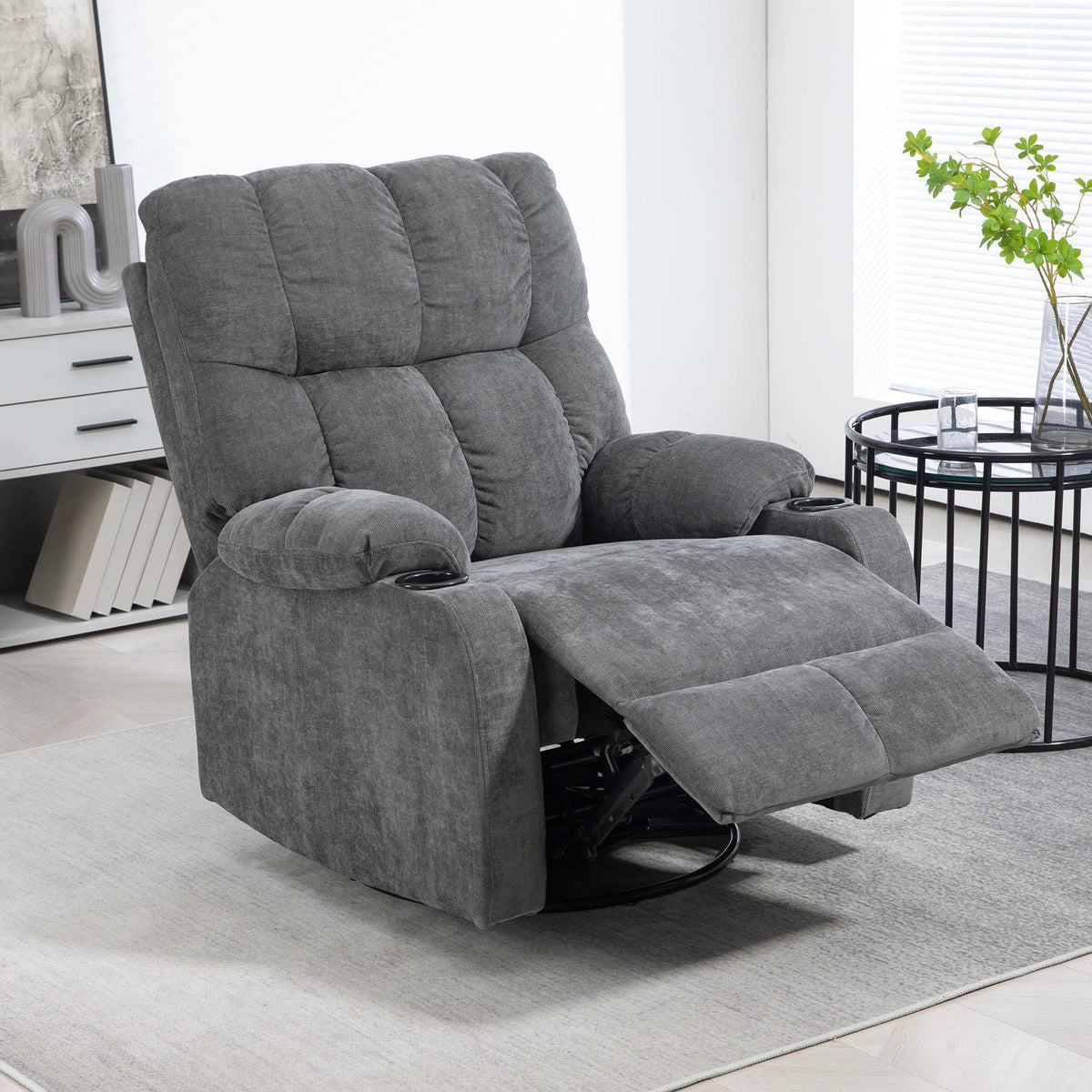 TV armchair with reclining function, 360° rotatable, 135° tiltable, with pocket spring core, elastic straps, cup holder, 88x96x108cm dark gray