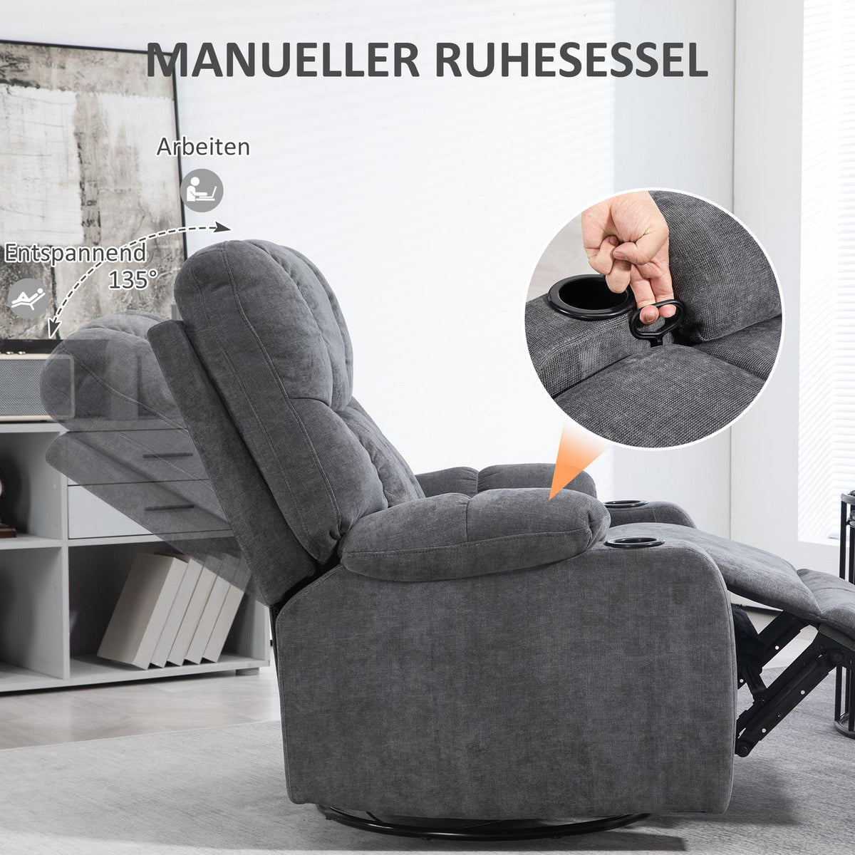 TV armchair with reclining function, 360° rotatable, 135° tiltable, with pocket spring core, elastic straps, cup holder, 88x96x108cm dark gray
