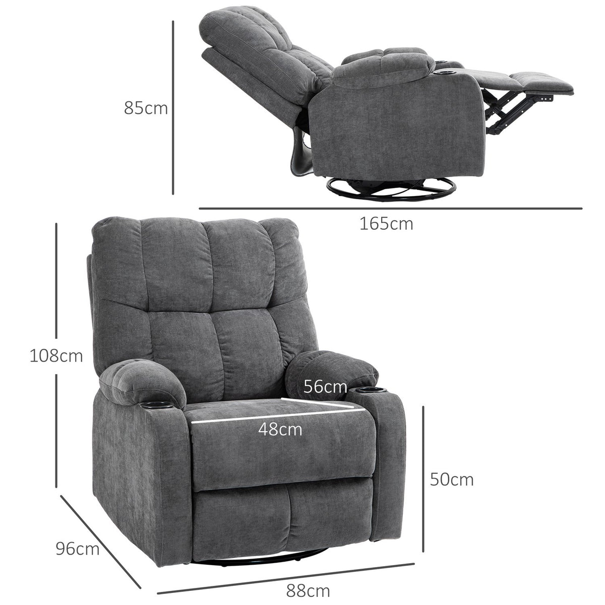 TV armchair with reclining function, 360° rotatable, 135° tiltable, with pocket spring core, elastic straps, cup holder, 88x96x108cm dark gray