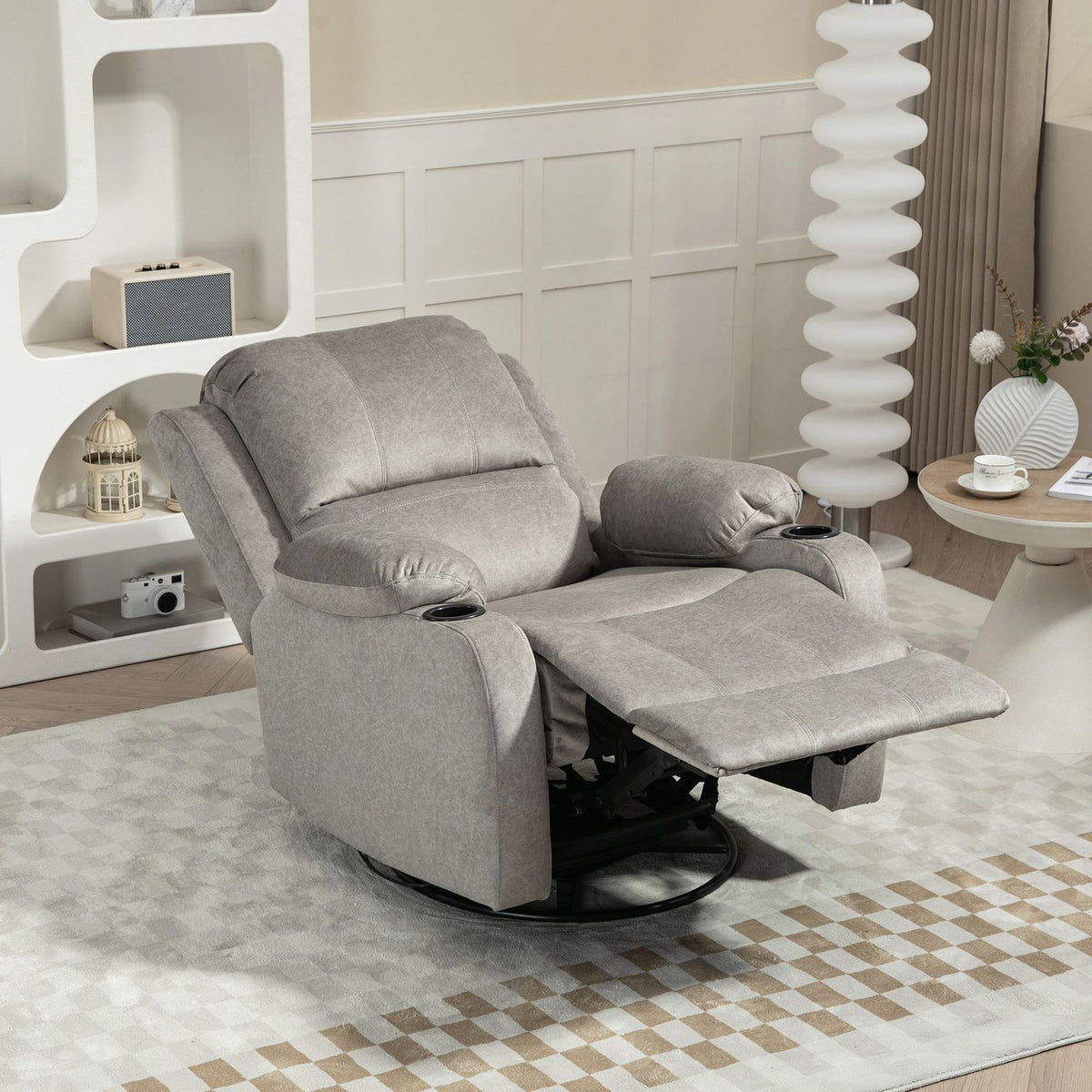 TV armchair with reclining function, 360° rotatable, rocker function, with pocket spring core, footrest, cup holder, 87L x 95W x 102H cm, brown