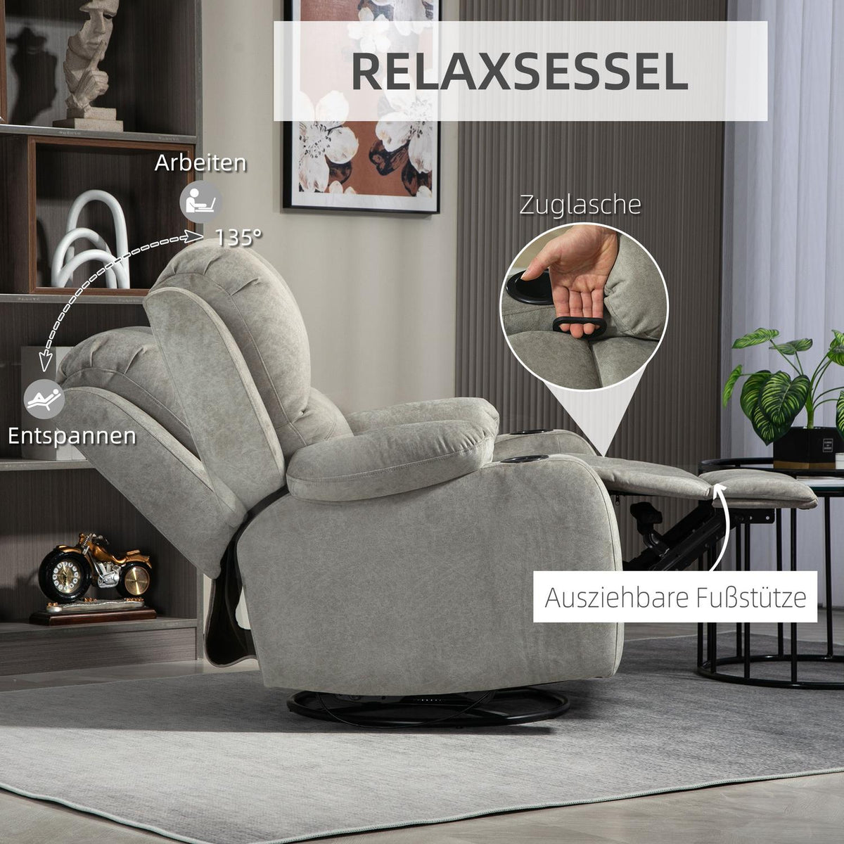 TV armchair with reclining function, 360° rotatable, rocker function, with pocket spring core, footrest, cup holder, 87L x 95W x 102H cm, brown