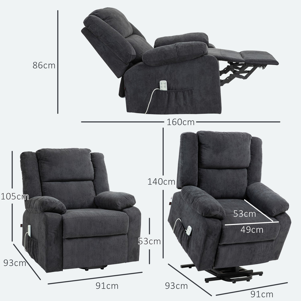 TV armchair with stand-up aid, electric recliner with reclining function, TV armchair with side pocket, remote control, black