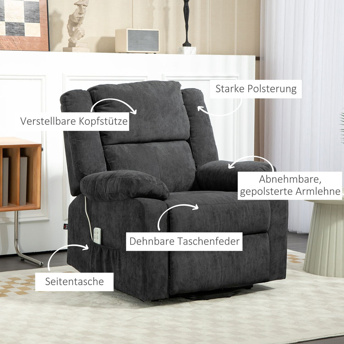 TV armchair with stand-up aid, electric recliner with reclining function, TV armchair with side pocket, remote control, black