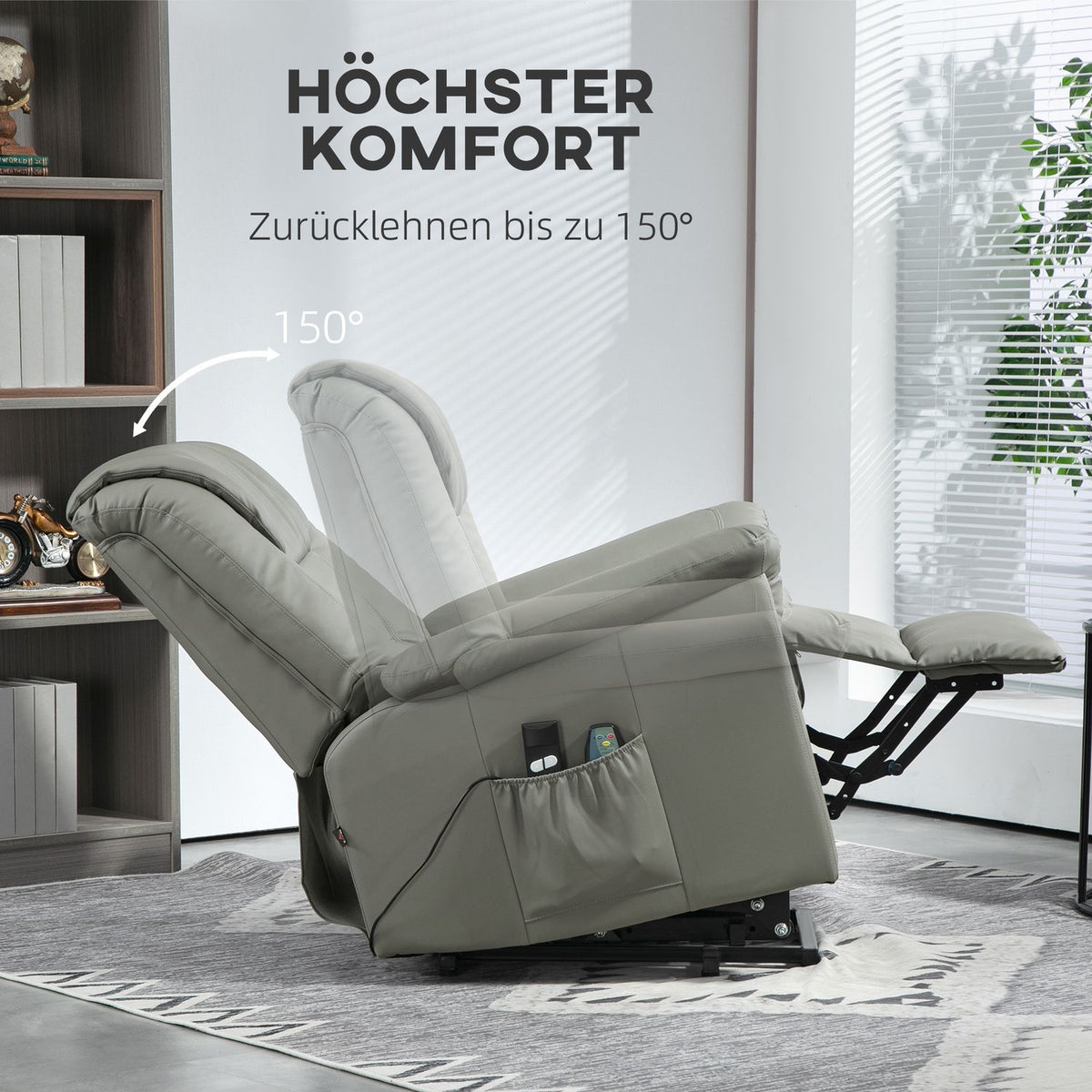 TV armchair with stand-up aid, electric recliner with reclining function, heating and massage function, TV armchair with spring system