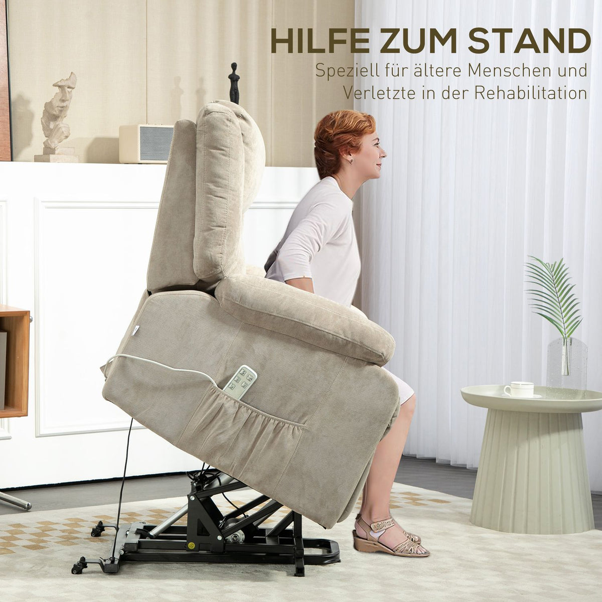 TV armchair with stand-up aid, electric reclining armchair with reclining function, 3 motors, TV armchair with pocket spring, weightlessness, side pocket and remote control, light grey