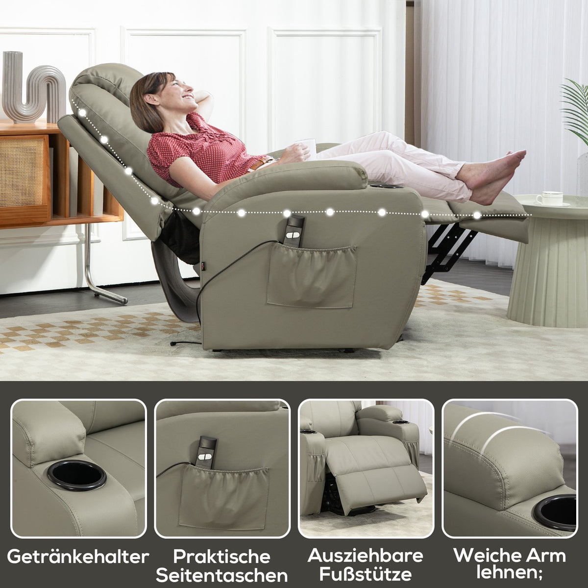 TV armchair with stand-up aid, electric reclining armchair with reclining function, TV armchair with cup holder, remote control, imitation leather