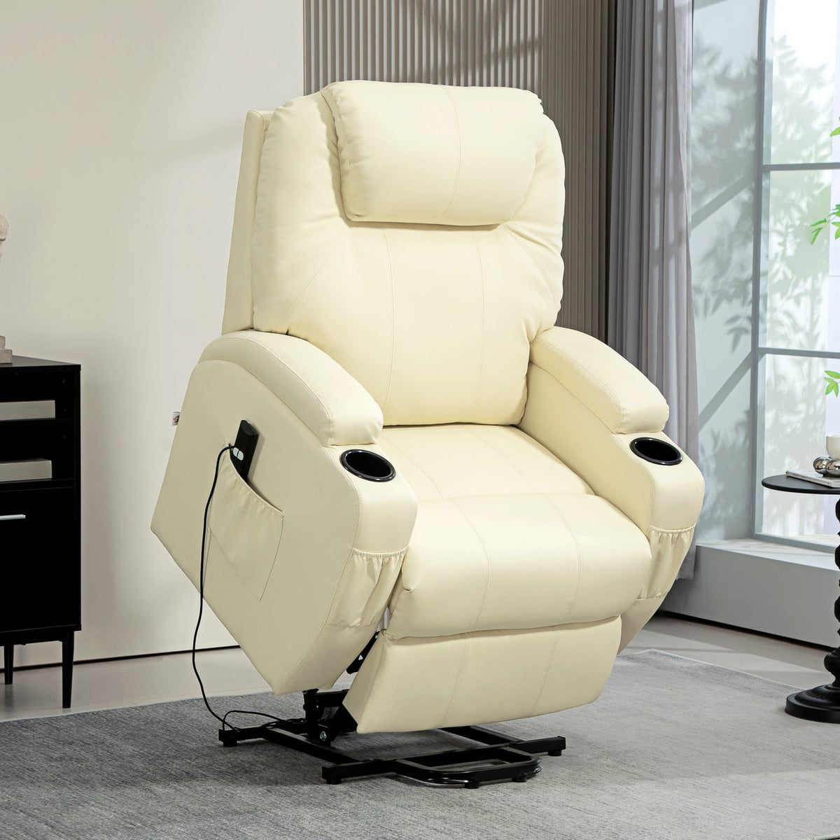 TV armchair with stand-up aid, electric reclining armchair with reclining function, TV armchair with cup holder, side pocket and remote control, faux leather, cream