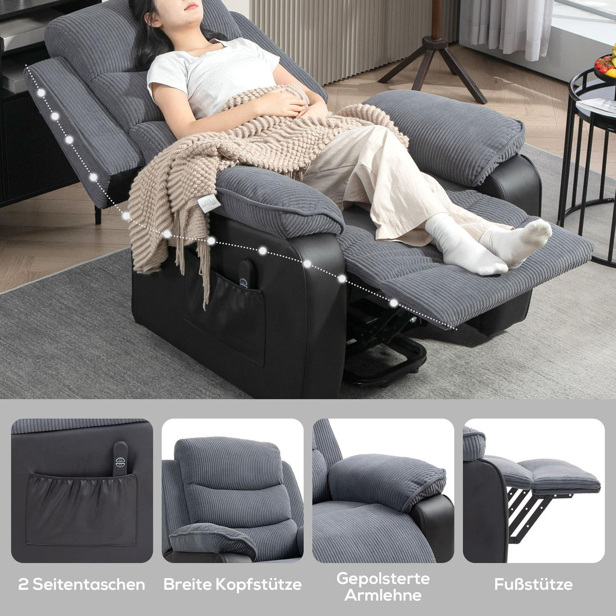 TV armchair with stand-up aid, electric reclining armchair with reclining function, pocket spring core, TV armchair with footrest, side pocket and remote control, dark gray
