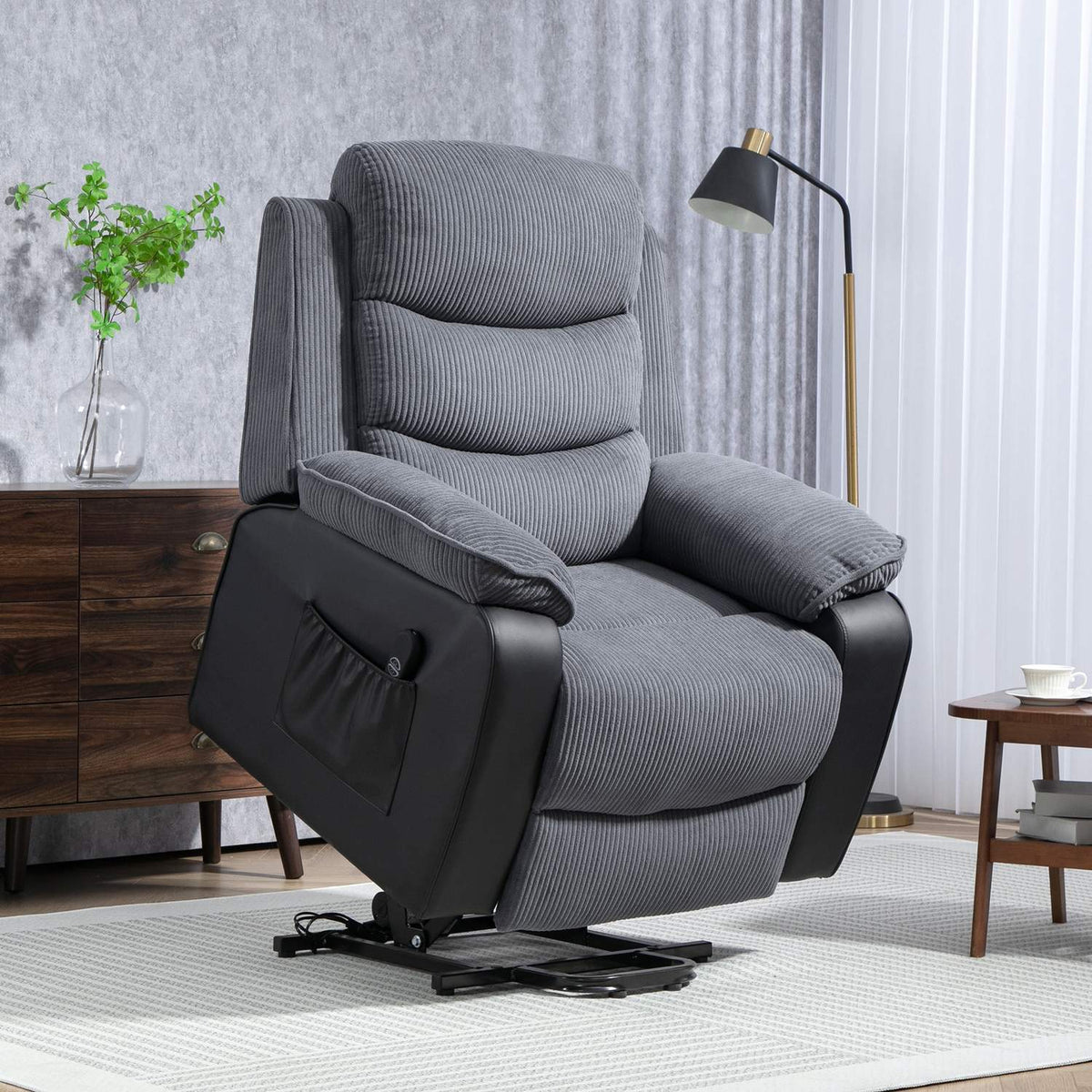 TV armchair with stand-up aid, electric reclining armchair with reclining function, pocket spring core, TV armchair with footrest, side pocket and remote control, dark gray