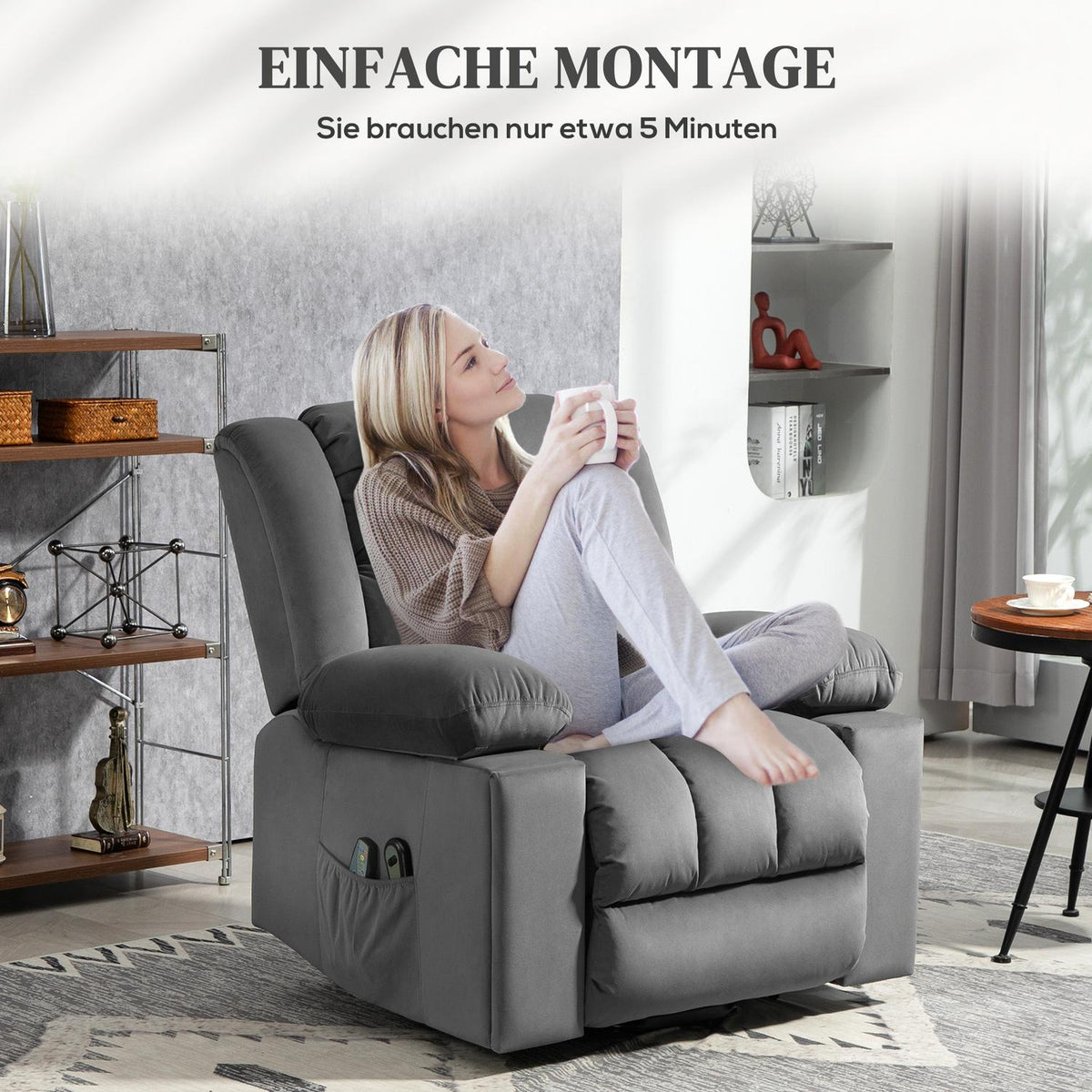 TV armchair with stand-up aid, electric relaxation armchair with massage/warming/reclining function, TV armchair with cup holder, storage space, USB ports and remote control, velvet, dark grey