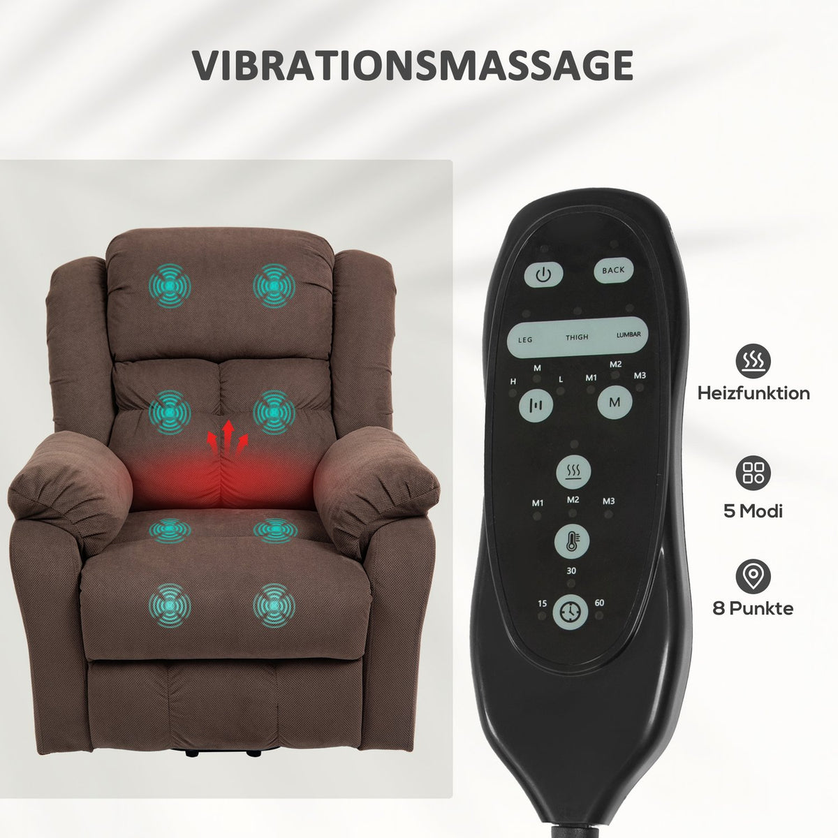 TV armchair with stand-up aid, electric relaxation armchair with reclining, massage and heating functions, TV armchair with pocket spring core, side pocket and remote control, dark brown