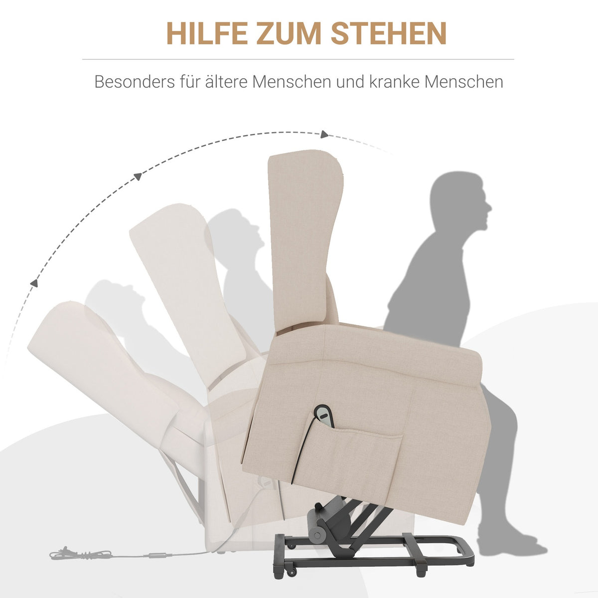 TV armchair with stand-up aid, ergonomic, freely lockable, with reclining and electric stand-up function, 72.5 x 94 x 109 cm, cream