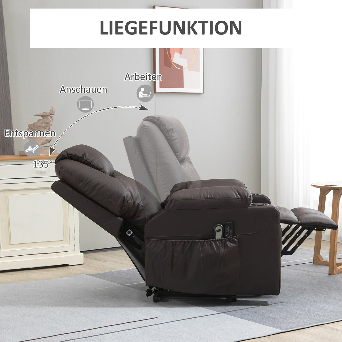 TV armchair with stand-up aid, with 8 massage points, timer, remote control, side pocket, foam, 88 x 99 x 106 cm, brown