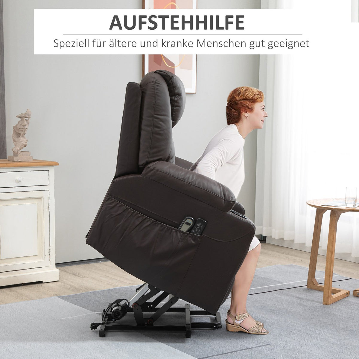 TV armchair with stand-up aid, with 8 massage points, timer, remote control, side pocket, foam, 88 x 99 x 106 cm, brown