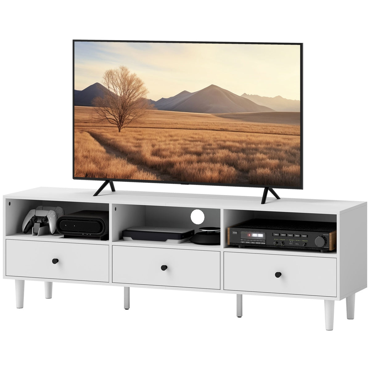 TV cabinet TV board with drawers, 3 open compartments 140 cm long TV lowboard with cable management for TVs up to 75 inches TV table for living room white 140x34x45cm
