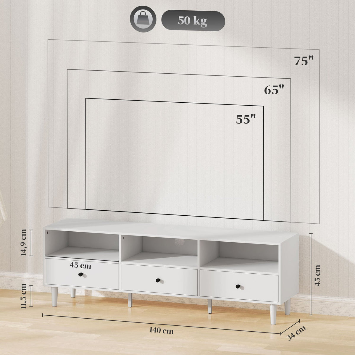 TV cabinet TV board with drawers, 3 open compartments 140 cm long TV lowboard with cable management for TVs up to 75 inches TV table for living room white 140x34x45cm