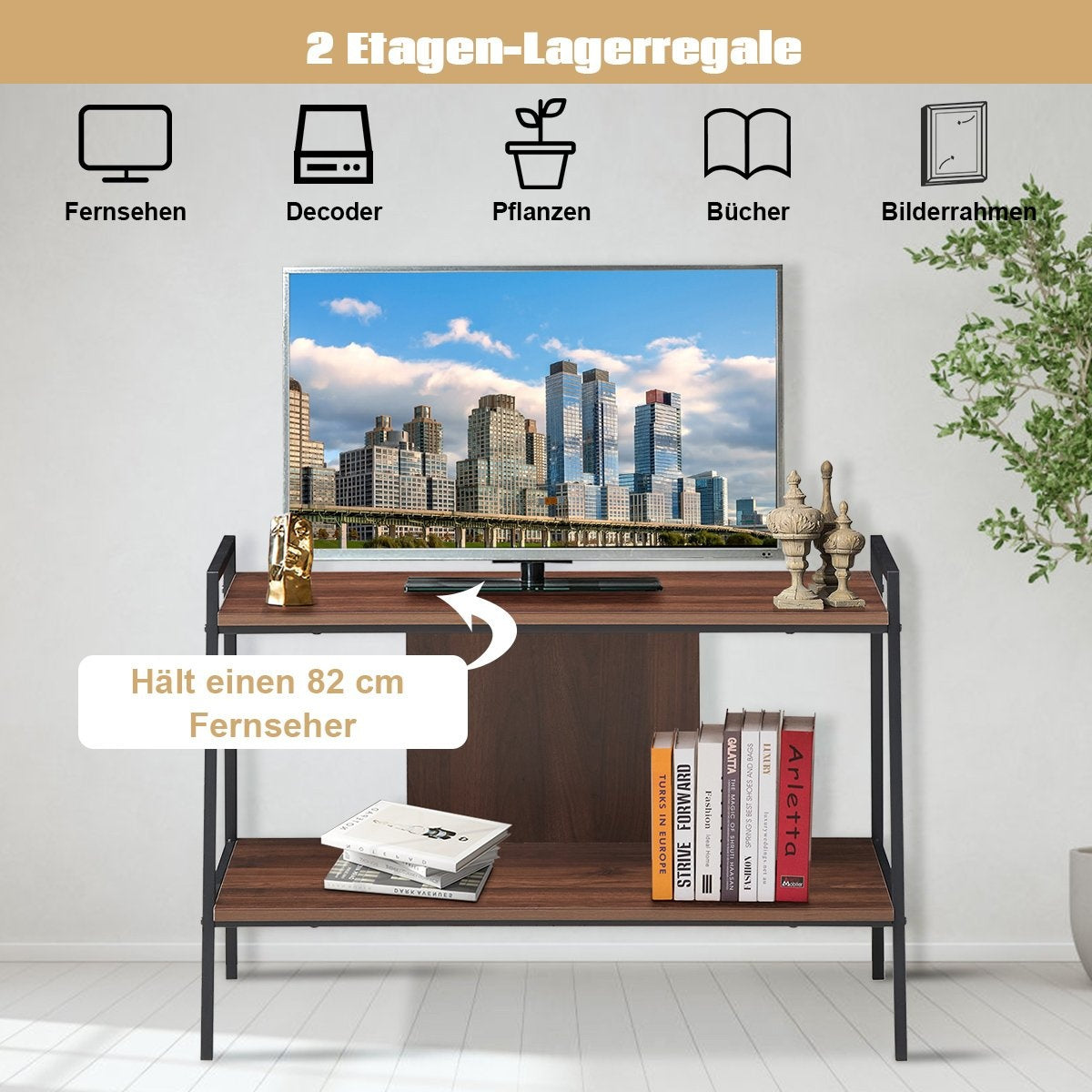 TV cabinet TV entertainment center 2-tier TV shelf for TVs up to 32 inches walnut