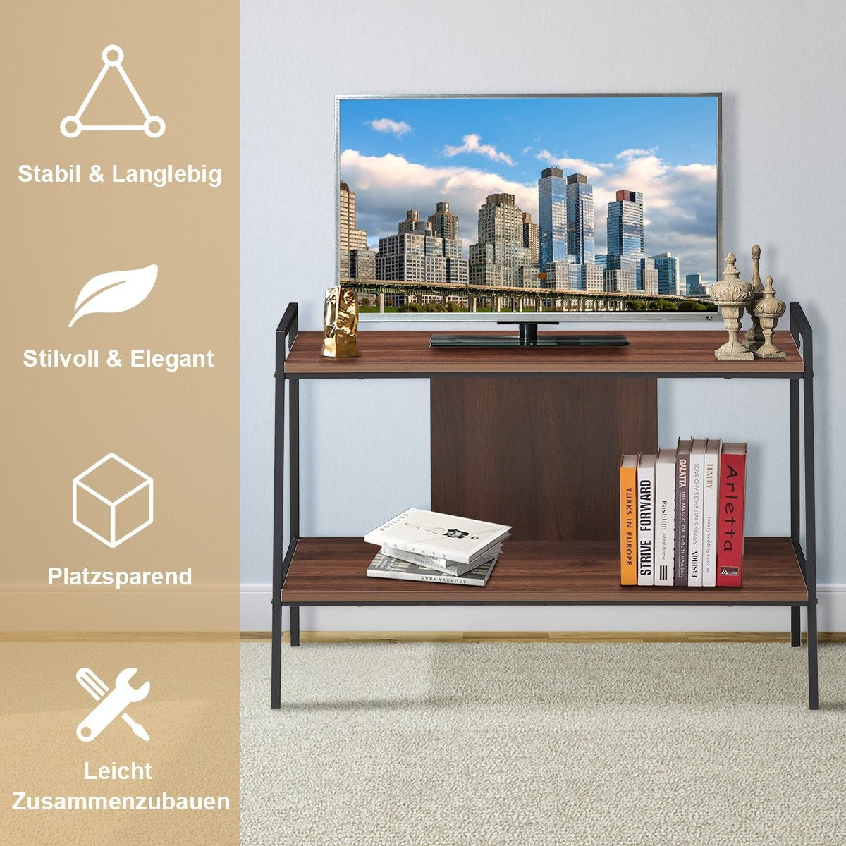 TV cabinet TV entertainment center 2-tier TV shelf for TVs up to 32 inches walnut