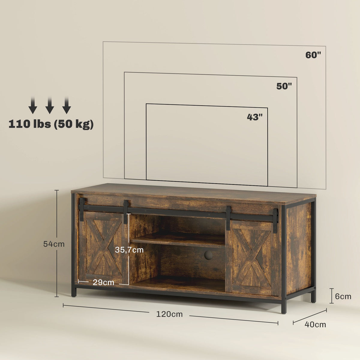 TV cabinet, TV stand for televisions up to 60 inches, lowboard with 2 cabinets and 2 shelves, TV cabinet for living room, 120 x 40 x 54 cm brown