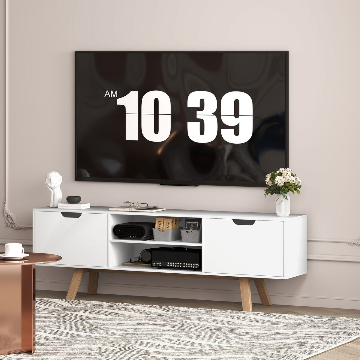 TV cabinet, TV stand for televisions up to 65 inches, lowboard with 2 cabinets and 2 shelves, TV cabinet for living room, 150 x 39 x 50 cm white