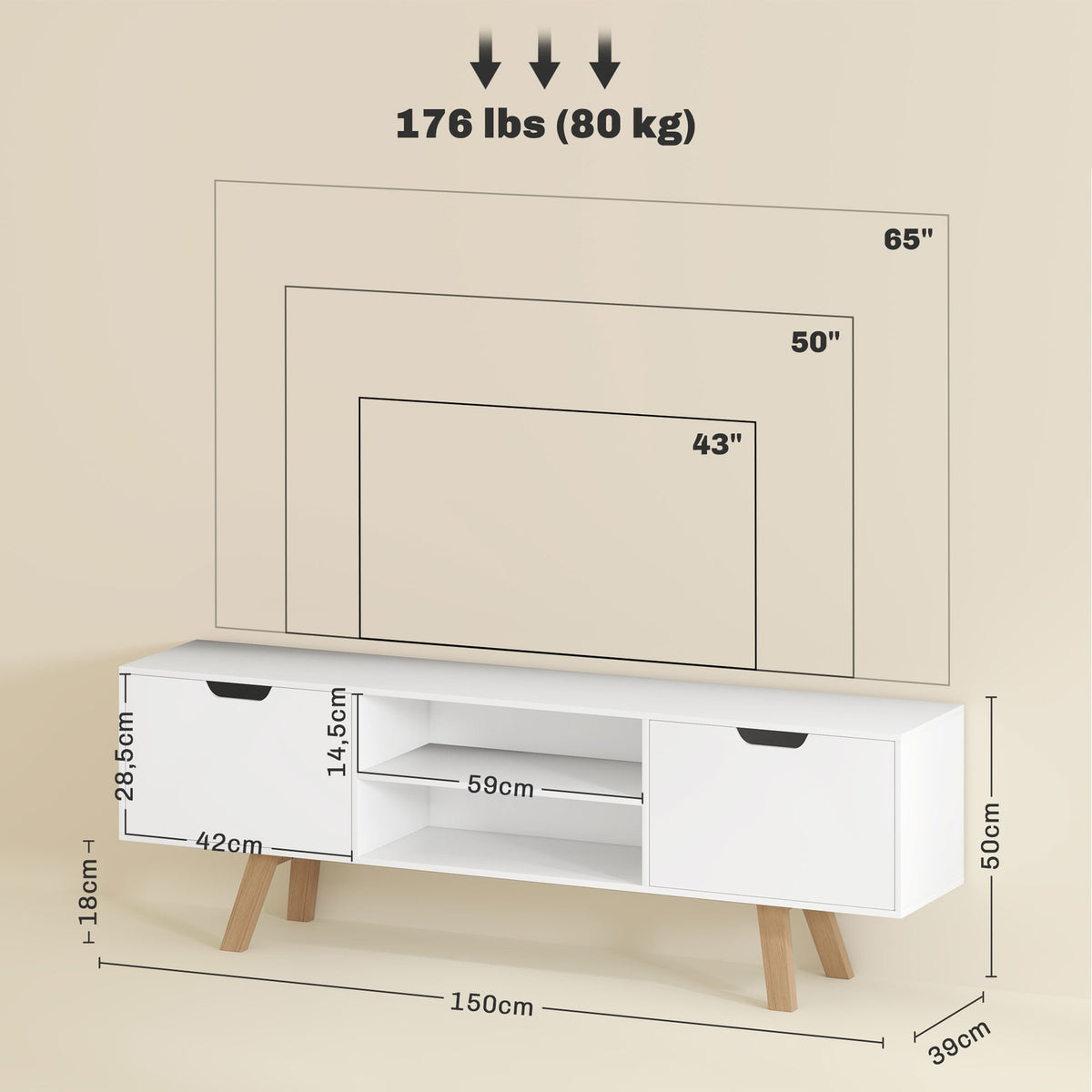 TV cabinet, TV stand for televisions up to 65 inches, lowboard with 2 cabinets and 2 shelves, TV cabinet for living room, 150 x 39 x 50 cm white