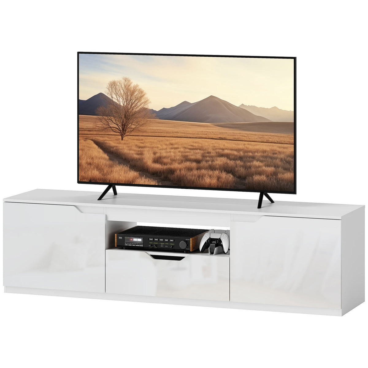 TV cabinet lowboard with 2 doors, drawer, 160 cm long TV stand for TVs up to 65 inches, TV board with cable management for living room, white