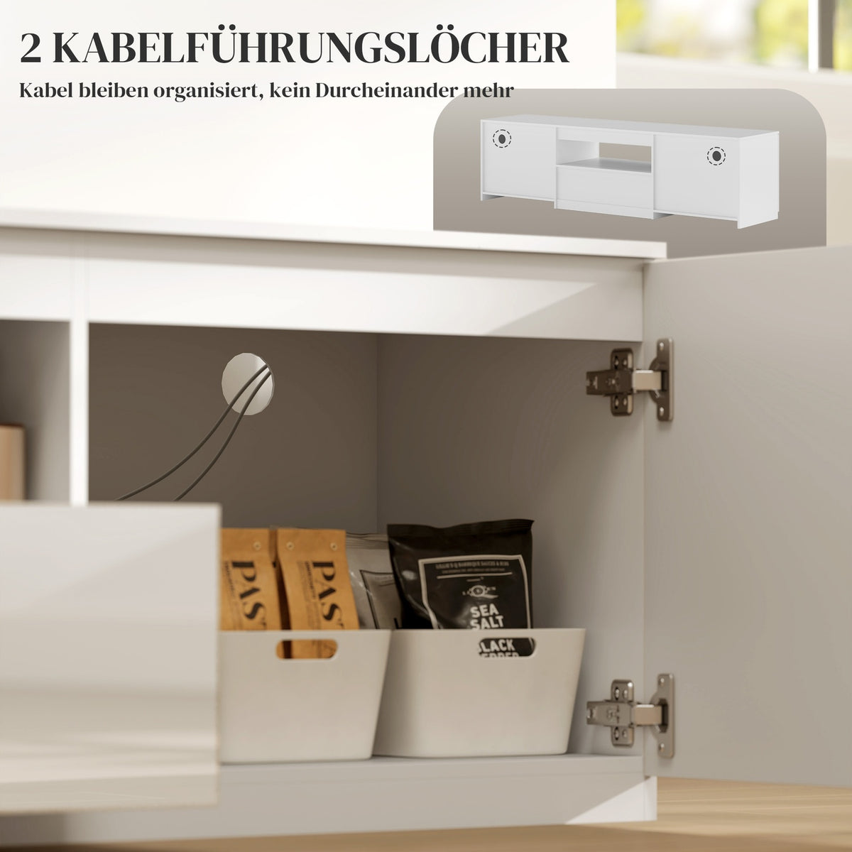 TV cabinet lowboard with 2 doors, drawer, 160 cm long TV stand for TVs up to 65 inches, TV board with cable management for living room, white