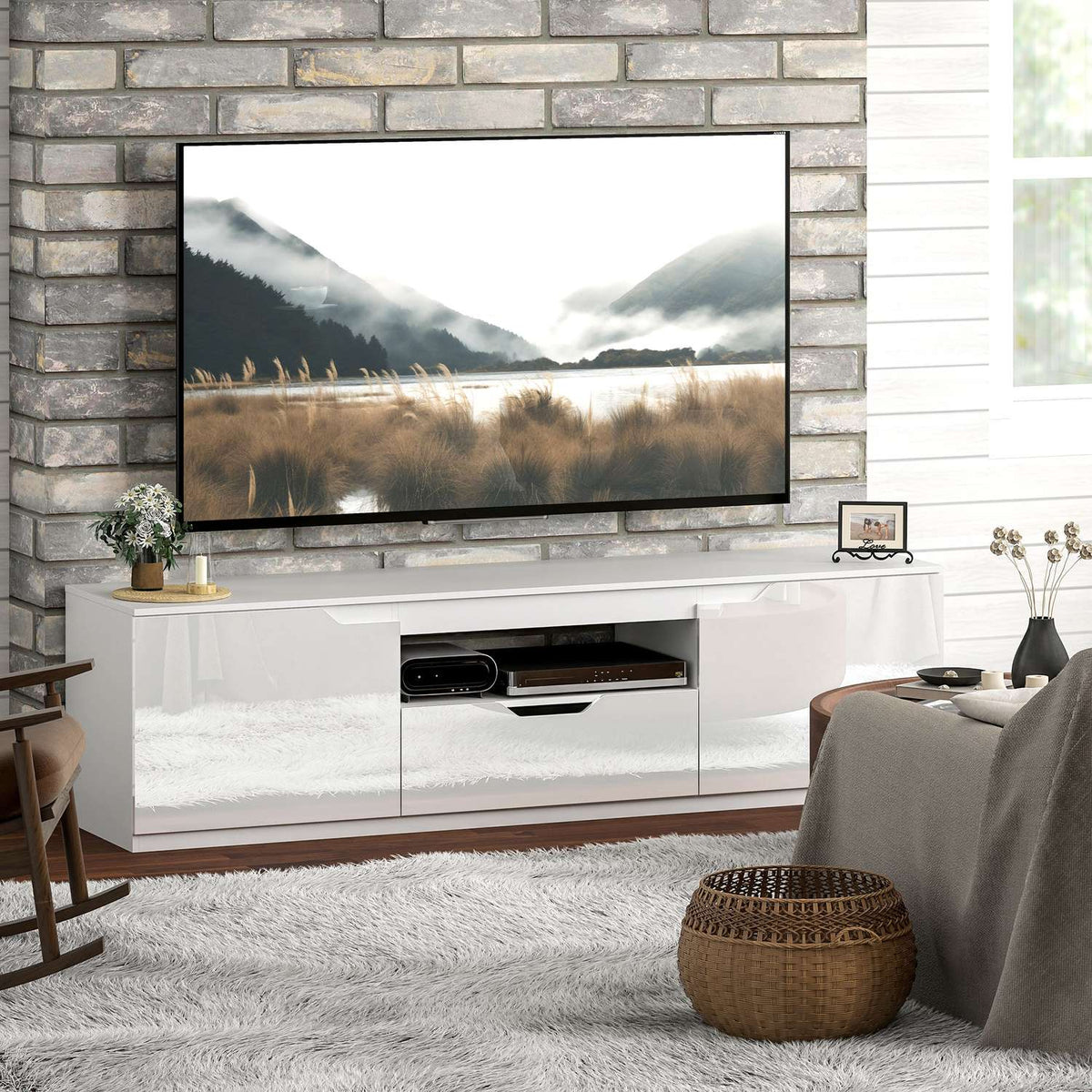 TV cabinet lowboard with 2 doors, drawer, 160 cm long TV stand for TVs up to 65 inches, TV board with cable management for living room, white
